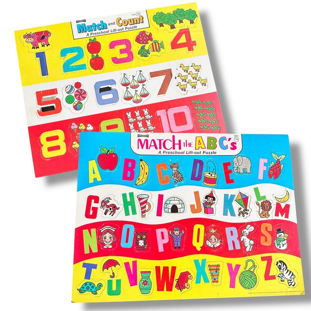 x2 vintage 1970s Children's Tray Puzzles Alphabet Numbers Classroom Decor
